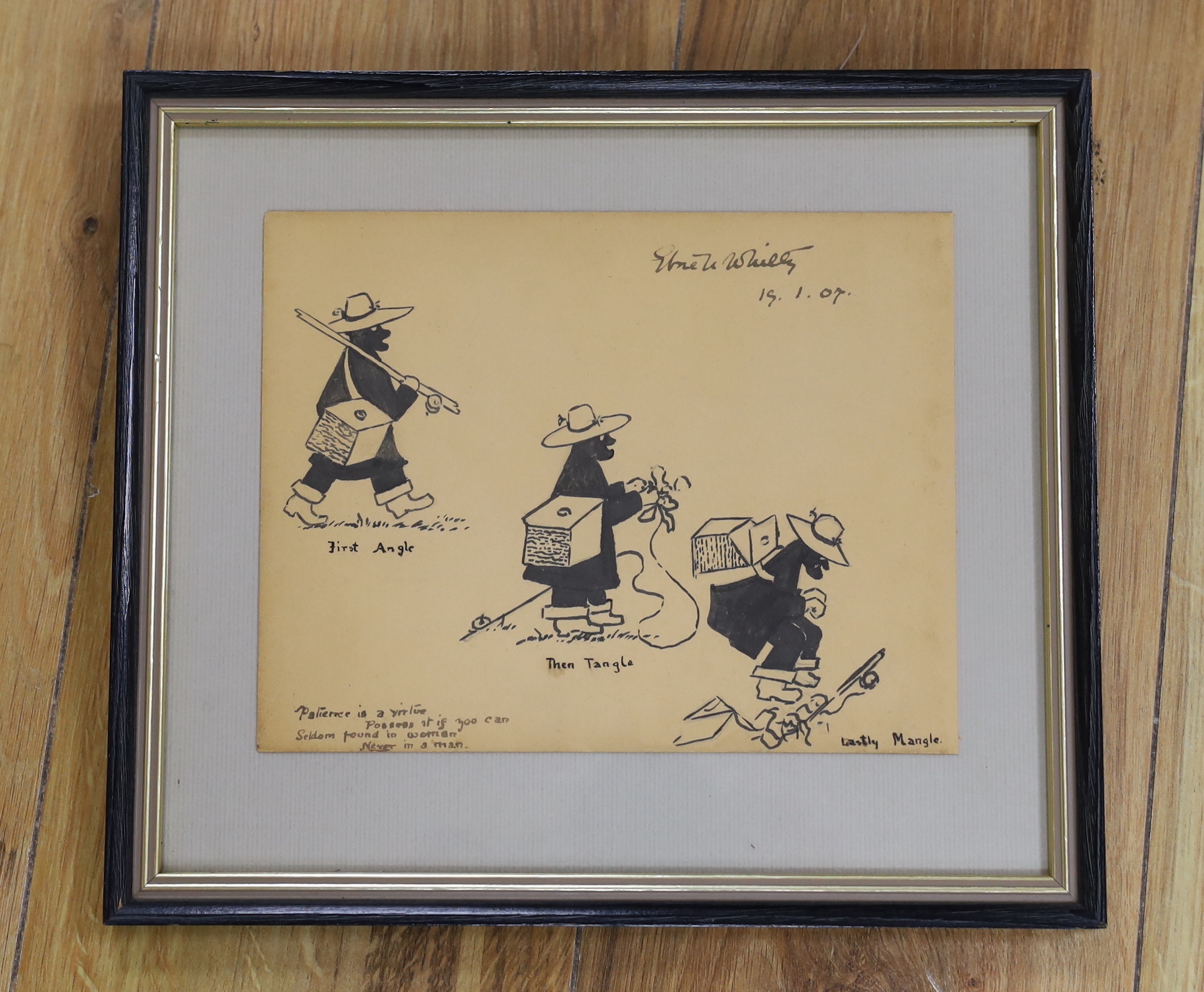 E. Whitty, humorous fishing interest ink cartoon with scripted border, ‘First Angle’, signed and dated '07, 19.5 x 15.5cm